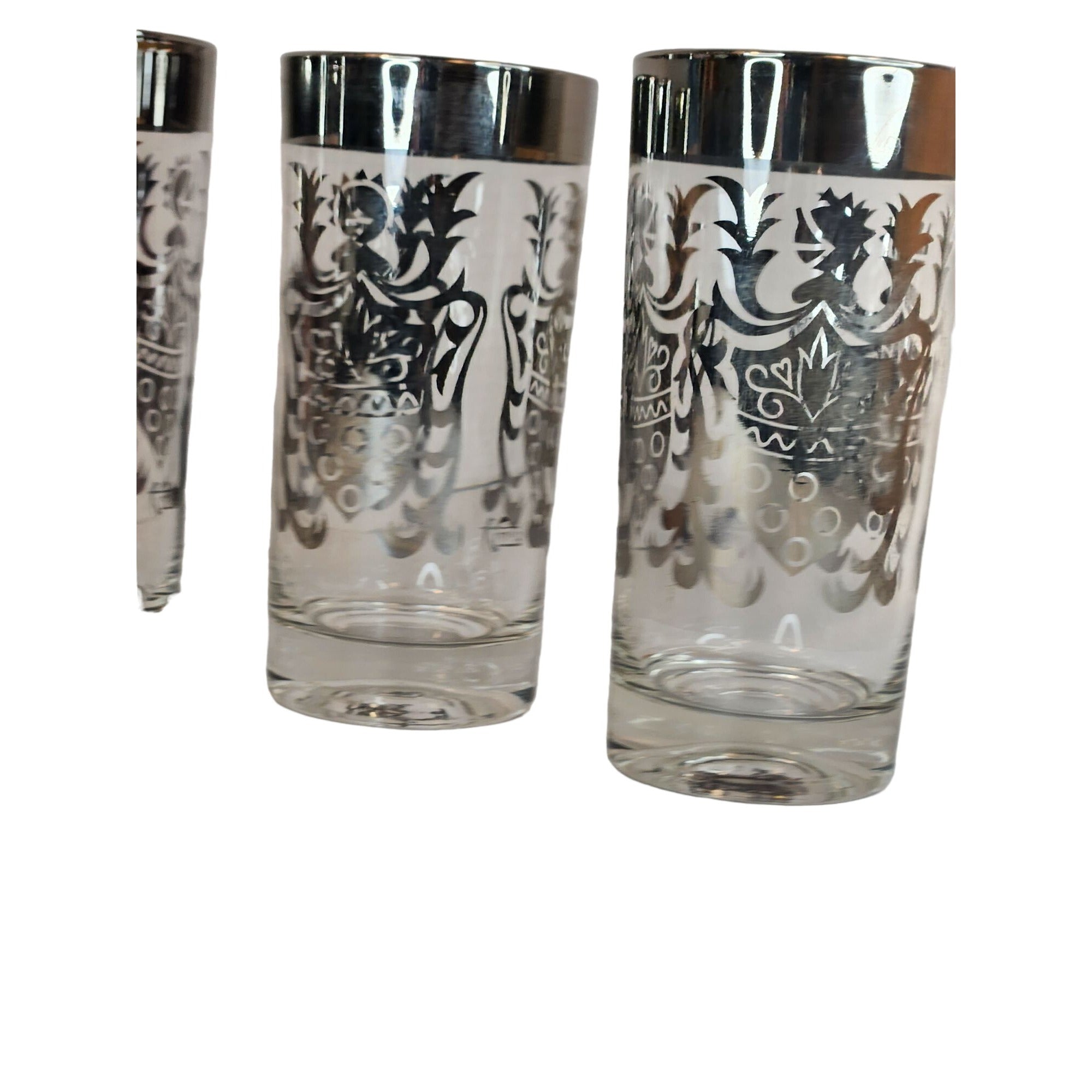 Vintage Kimiko Highball Glasses Set of 4 Silver Guardian Shield Coat of Arms Mid Century Modern Barware
