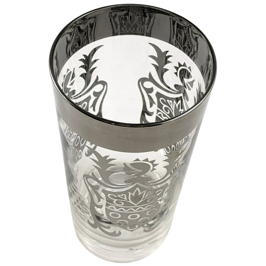 Vintage Kimiko Highball Glasses Set of 4 Silver Guardian Shield Coat of Arms Mid Century Modern Barware