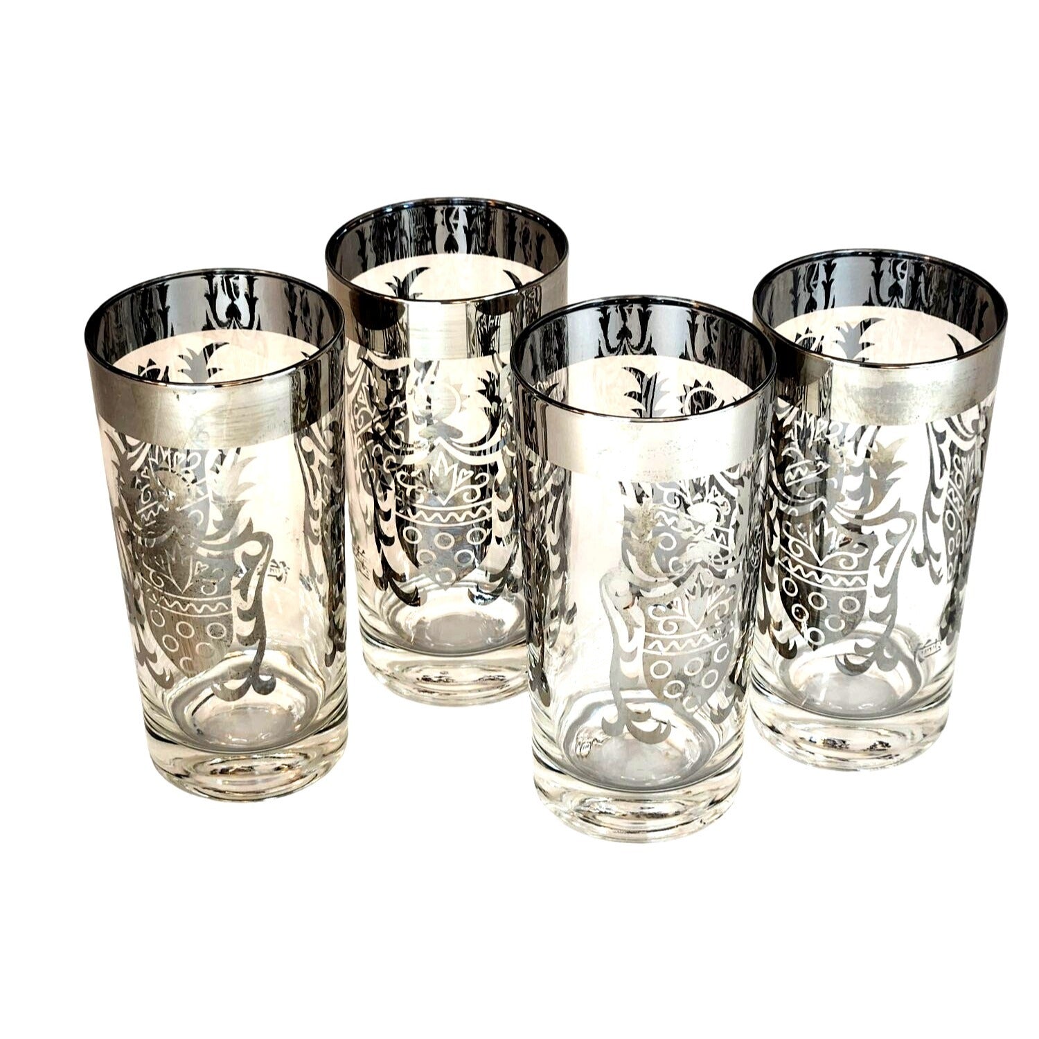 Vintage Kimiko Highball Glasses Set of 4 Silver Guardian Shield Coat of Arms Mid Century Modern Barware