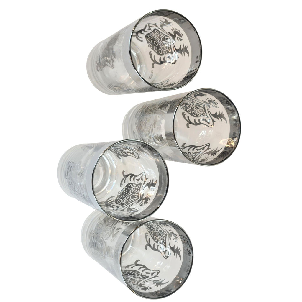 Vintage Kimiko Highball Glasses Set of 4 Silver Guardian Shield Coat of Arms Mid Century Modern Barware