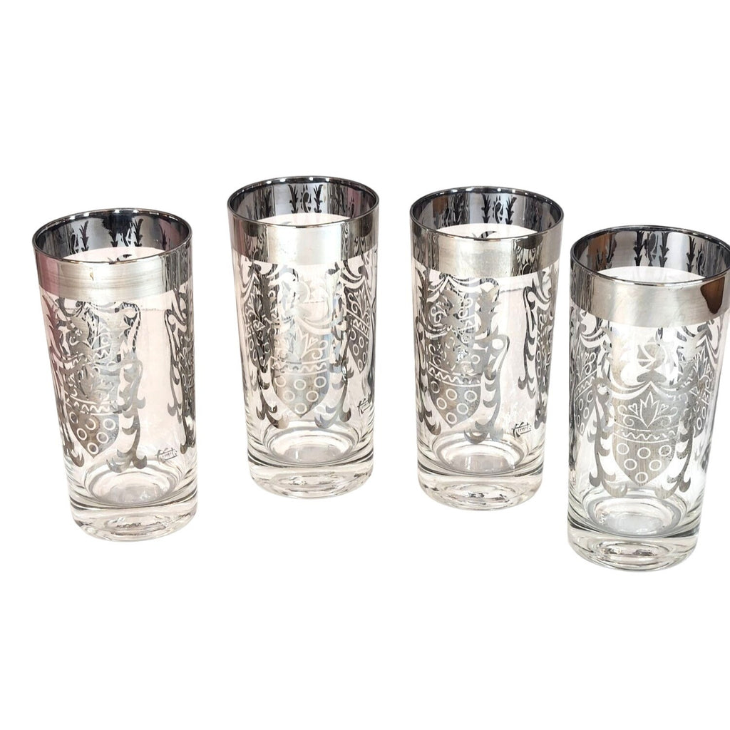 Vintage Kimiko Highball Glasses Set of 4 Silver Guardian Shield Coat of Arms Mid Century Modern Barware