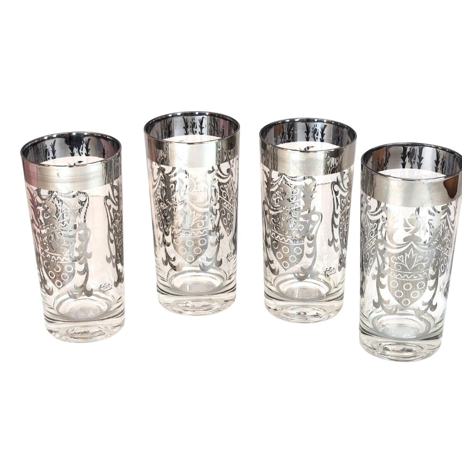 Vintage Kimiko Highball Glasses Set of 4 Silver Guardian Shield Coat of Arms Mid Century Modern Barware