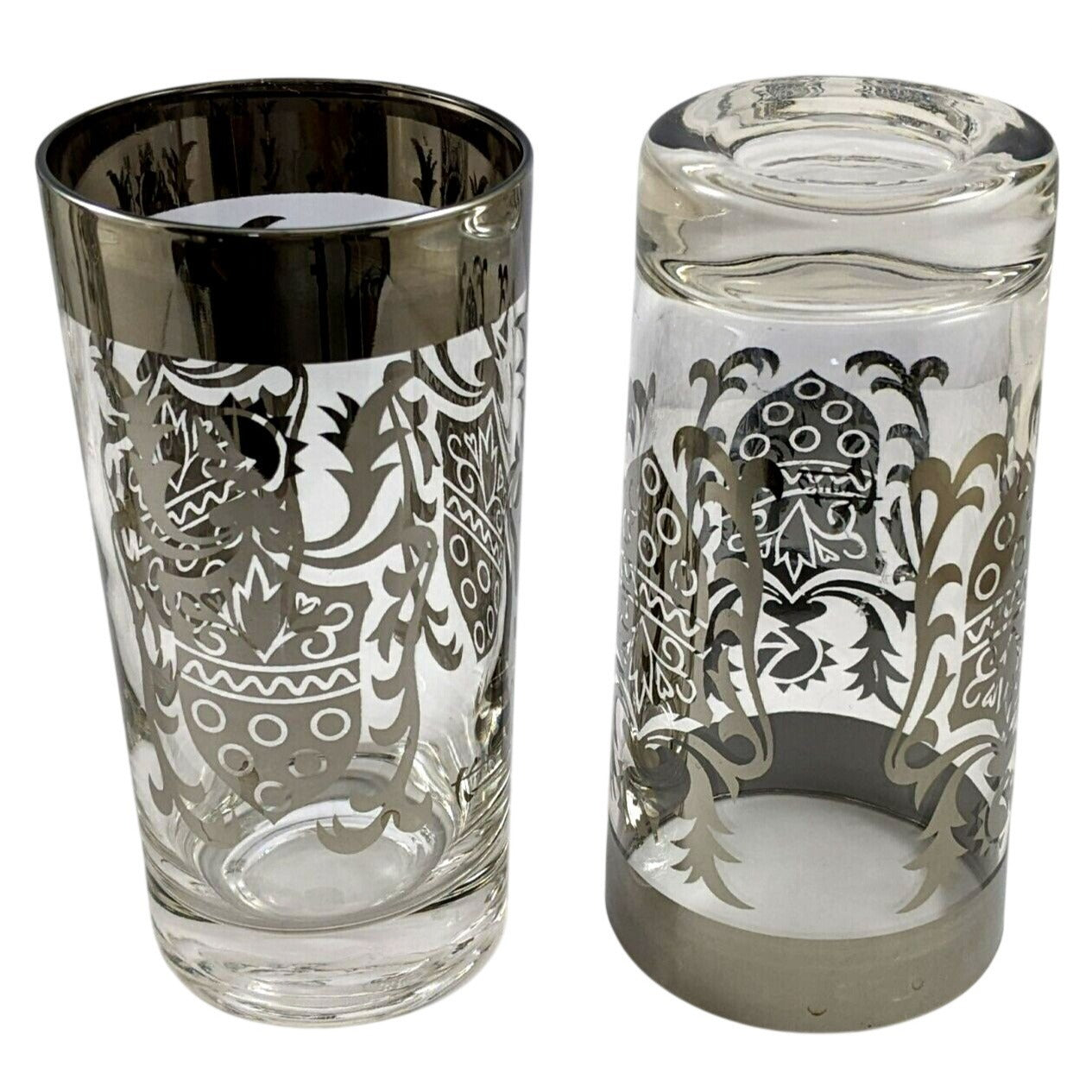 Vintage Kimiko Highball Glasses Set of 4 Silver Guardian Shield Coat of Arms Mid Century Modern Barware