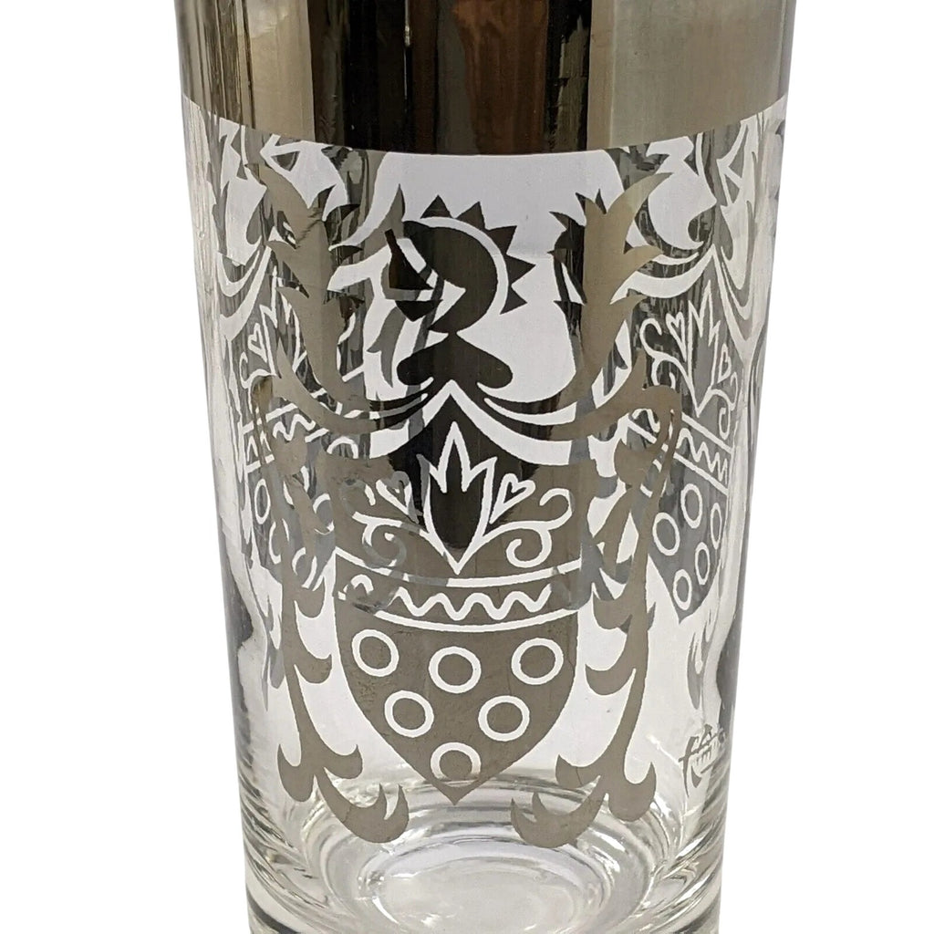 Vintage Kimiko Highball Glasses Set of 4 Silver Guardian Shield Coat of Arms Mid Century Modern Barware
