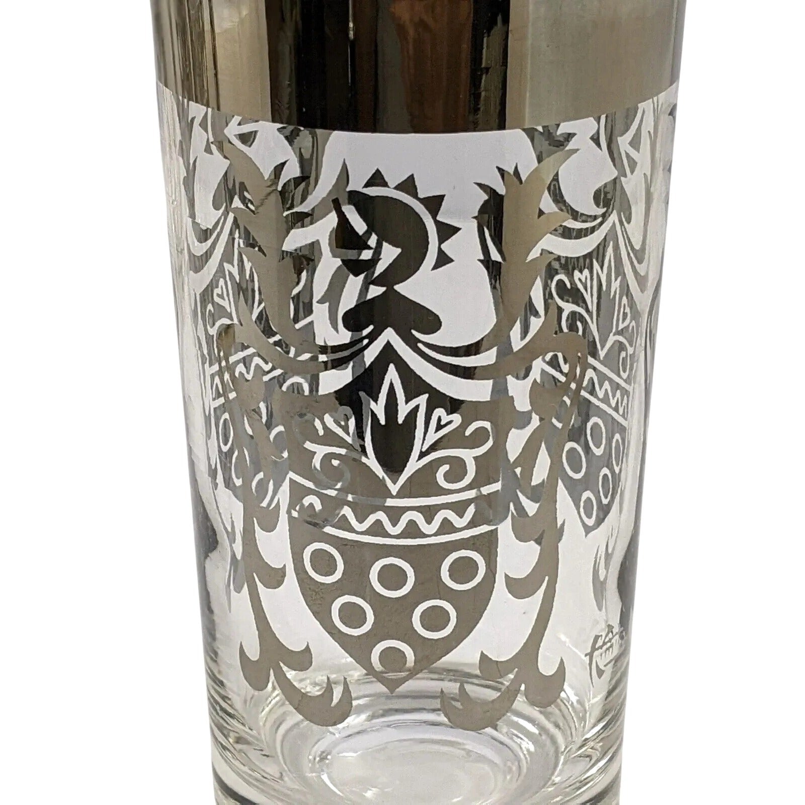 Vintage Kimiko Highball Glasses Set of 4 Silver Guardian Shield Coat of Arms Mid Century Modern Barware