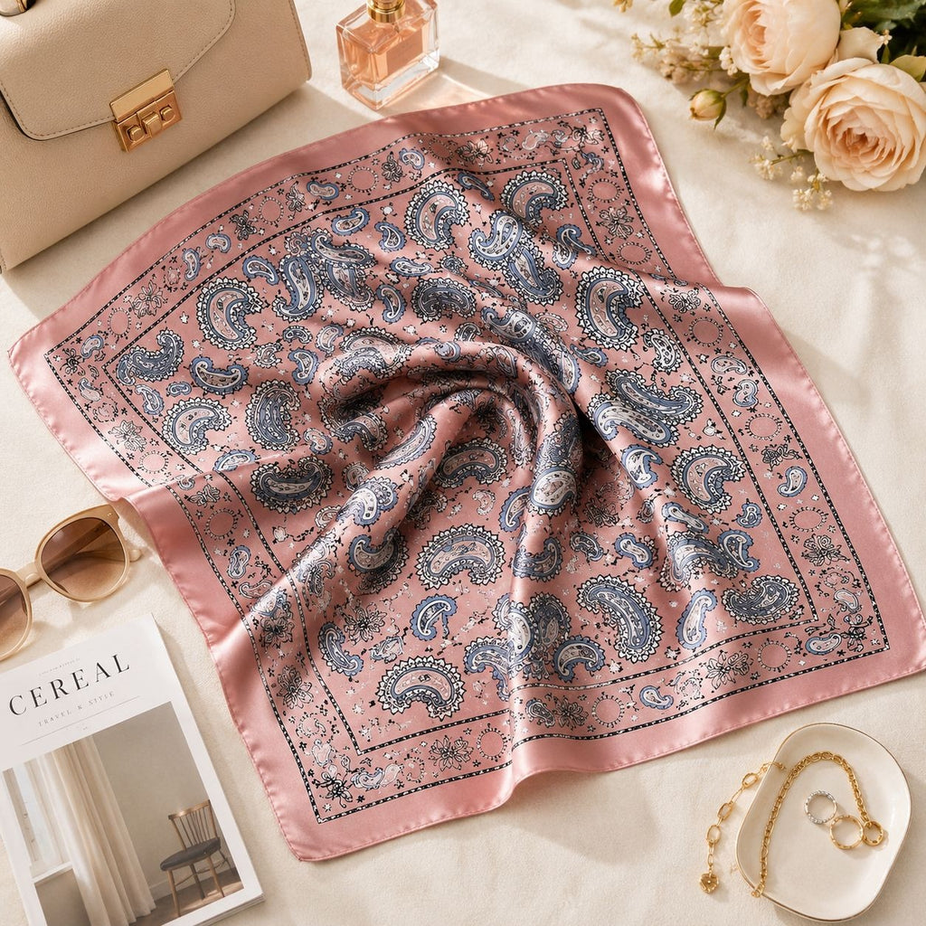 Pink paisley scarf on a table with a handbag, sunglasses, and flowers.