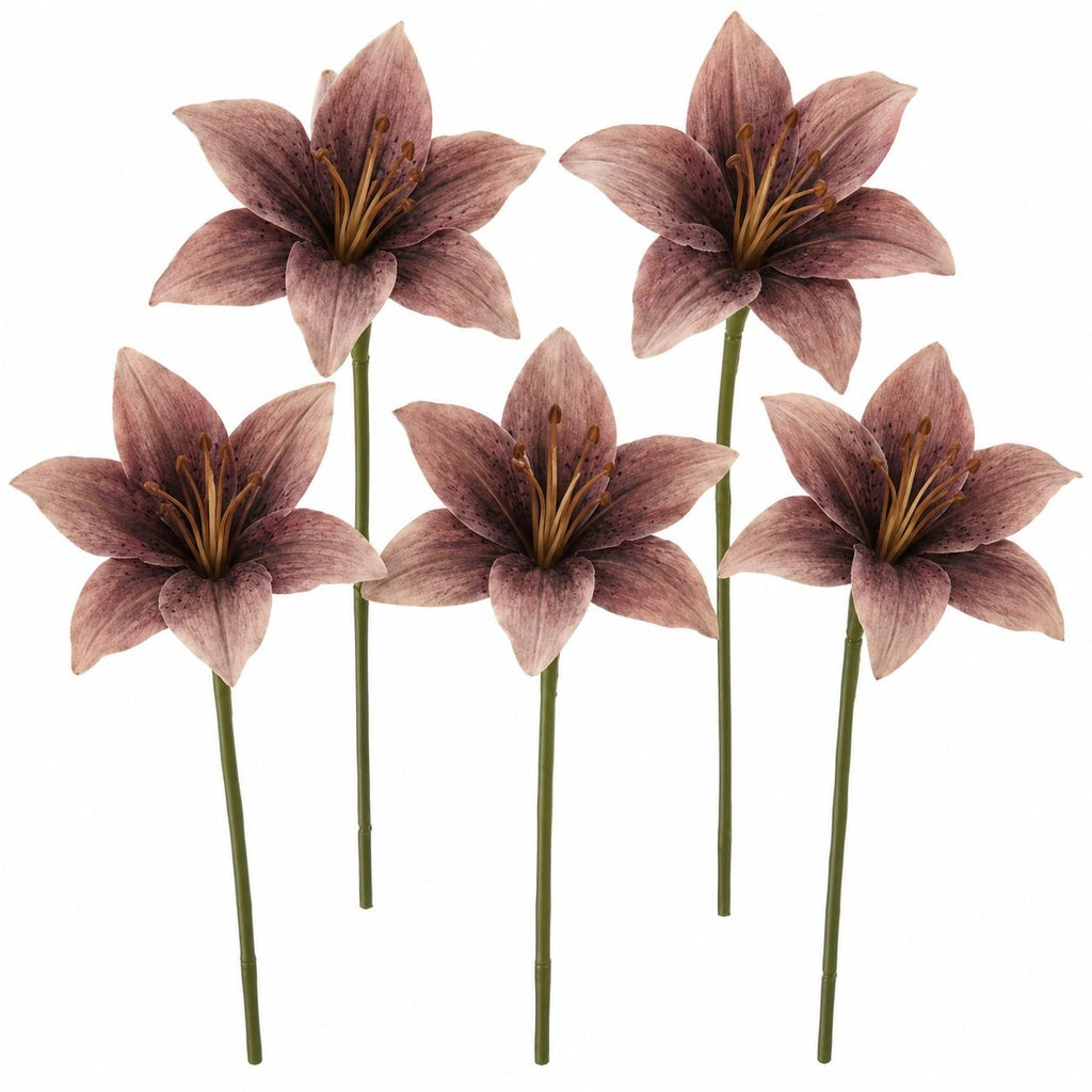 5 Dusty Mauve Taupe Artificial Silk Lily Stems, 4 Inch Blooms for Wreaths