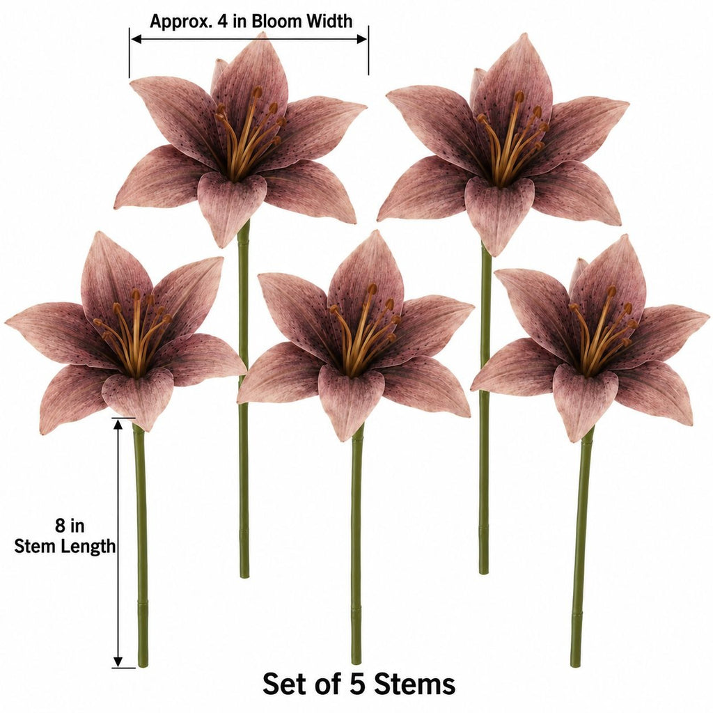 5 Dusty Mauve Taupe Artificial Silk Lily Stems, 4 Inch Blooms for Wreaths