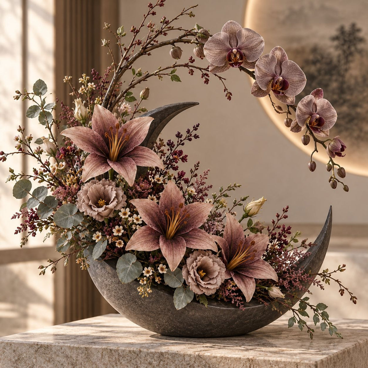 5 Dusty Mauve Taupe Artificial Silk Lily Stems, 4 Inch Blooms for Wreaths