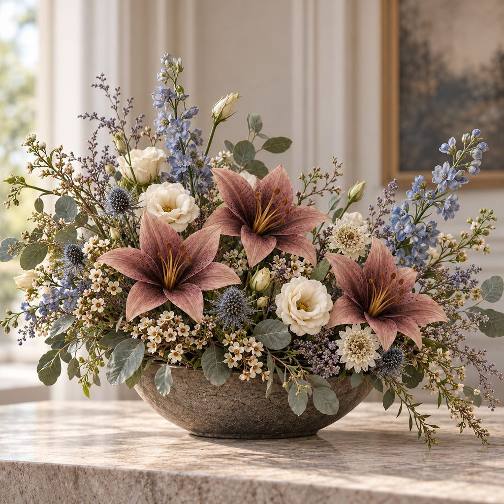 5 Dusty Mauve Taupe Artificial Silk Lily Stems, 4 Inch Blooms for Wreaths