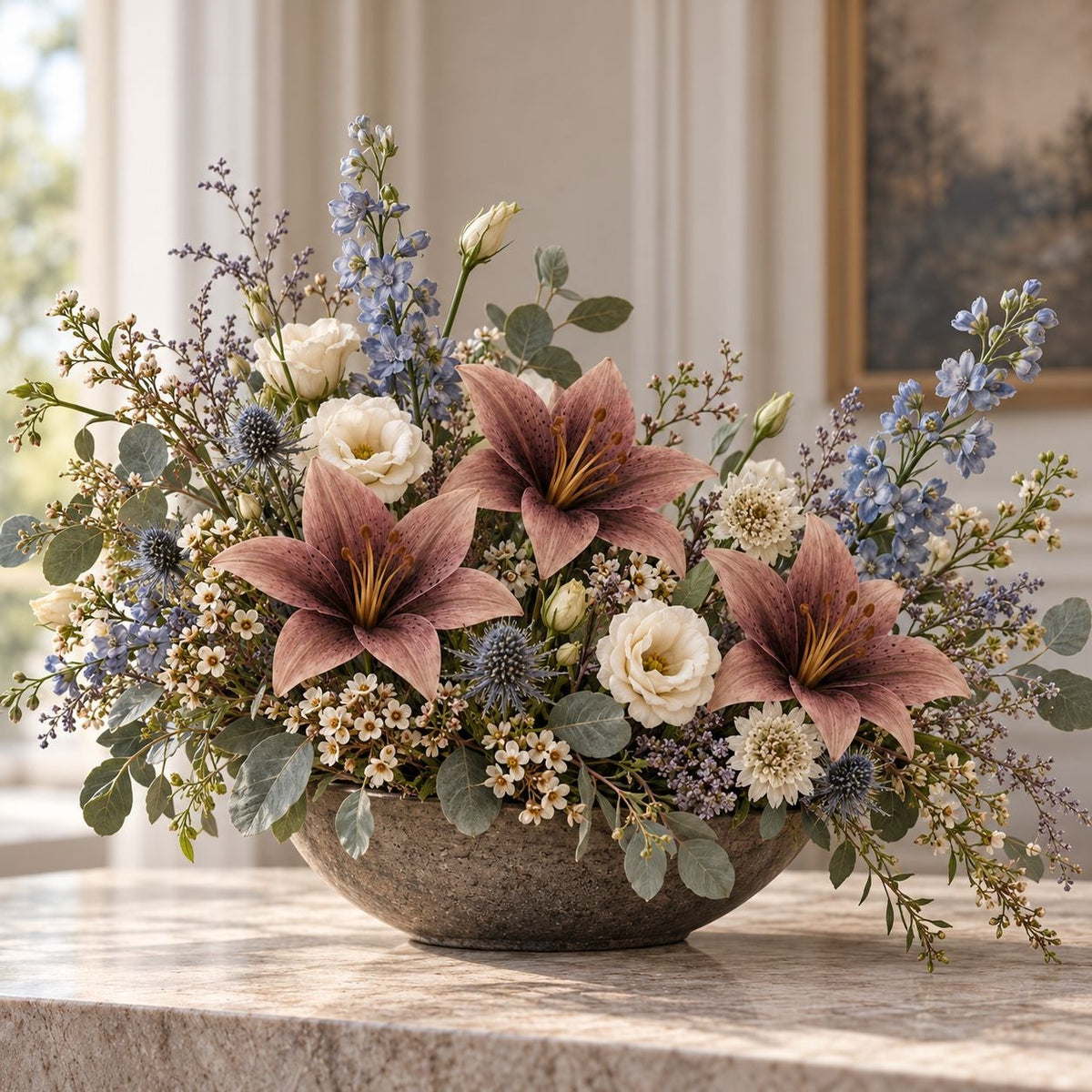 5 Dusty Mauve Taupe Artificial Silk Lily Stems, 4 Inch Blooms for Wreaths