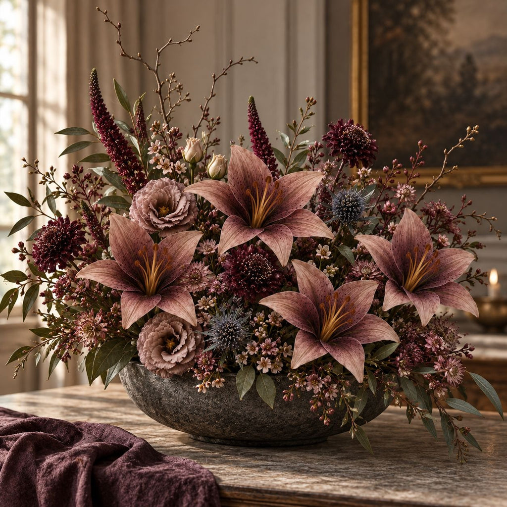 5 Dusty Mauve Taupe Artificial Silk Lily Stems, 4 Inch Blooms for Wreaths