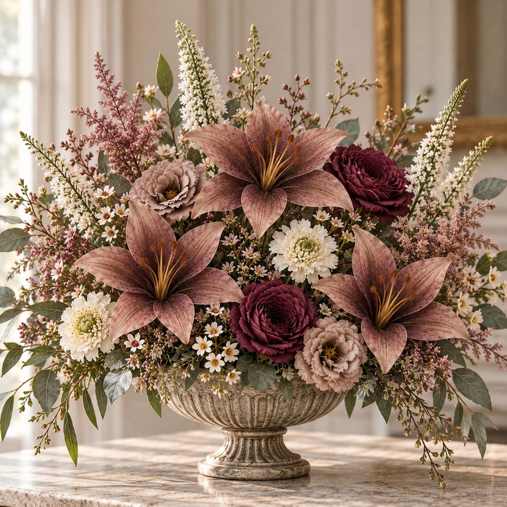 5 Dusty Mauve Taupe Artificial Silk Lily Stems, 4 Inch Blooms for Wreaths