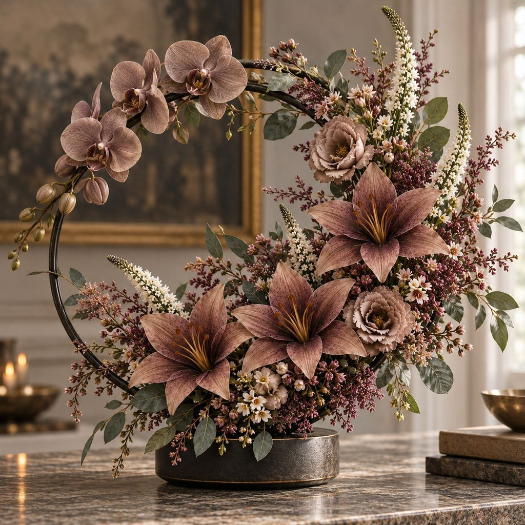 5 Dusty Mauve Taupe Artificial Silk Lily Stems, 4 Inch Blooms for Wreaths