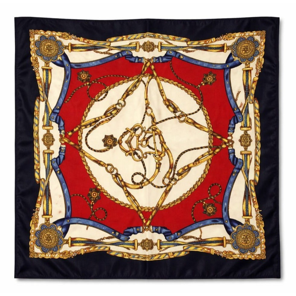 Womens Satin Square Scarf Red Navy Gold Equestrian Chain Hair Neck Head Wrap 20x20