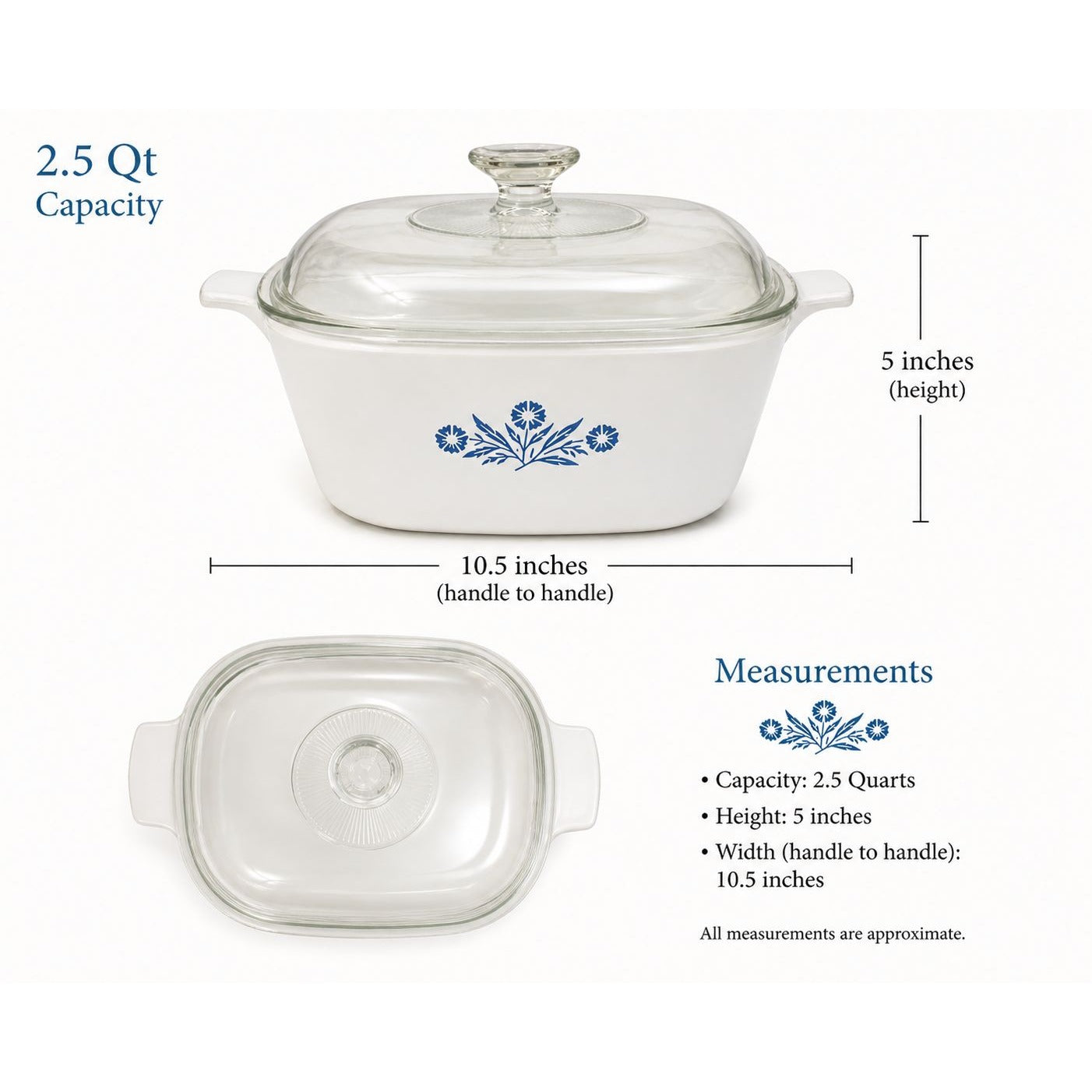 Measurement chart of a 2.5 Qt casserole dish with floral design on a white background