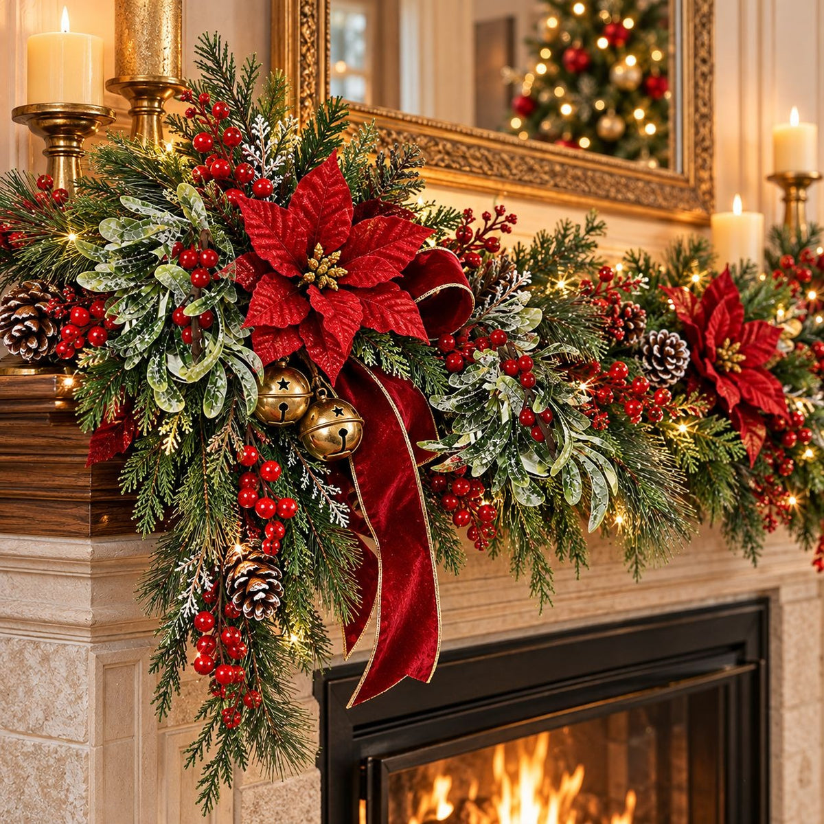 Artificial Mistletoe Picks, Set of 4, 9-Inch Frosted Red Berry Christmas Decor