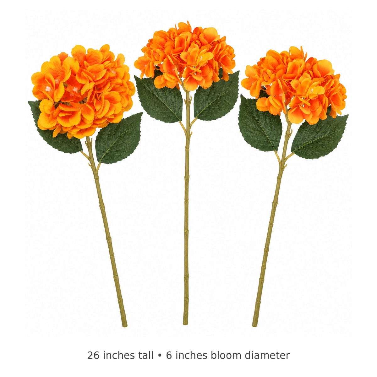 Artificial Golden-Orange Hydrangea Stems, 3 Faux Flowers, 26 Inches Tall