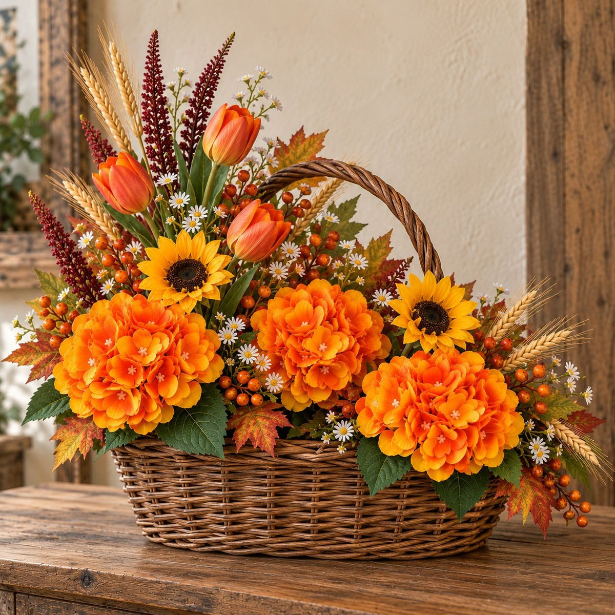 Artificial Golden-Orange Hydrangea Stems, 3 Faux Flowers, 26 Inches Tall