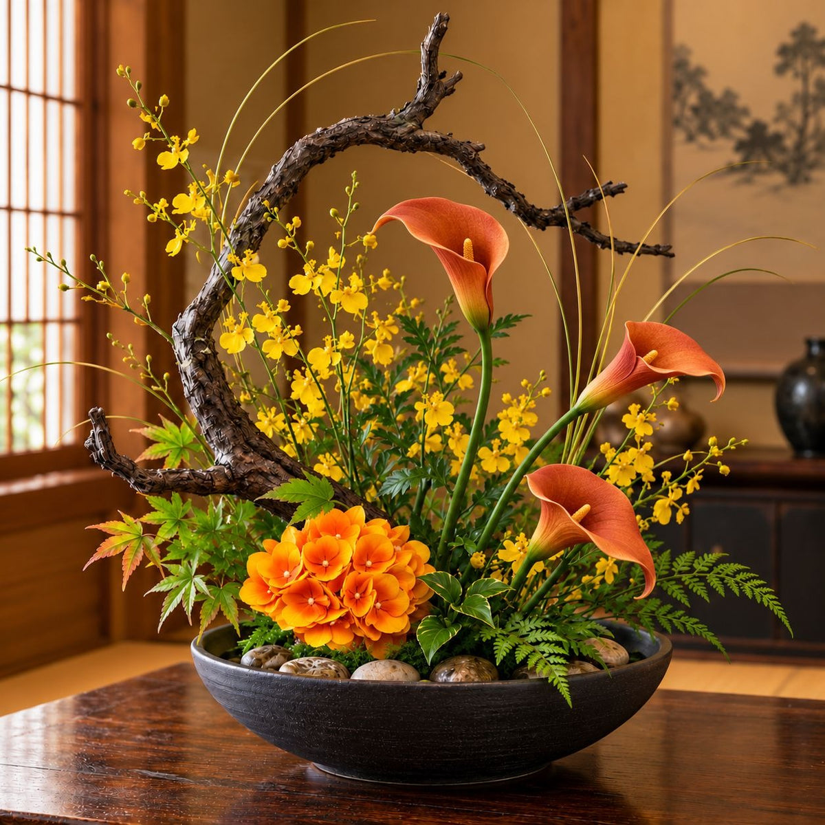 Artificial Golden-Orange Hydrangea Stems, 3 Faux Flowers, 26 Inches Tall