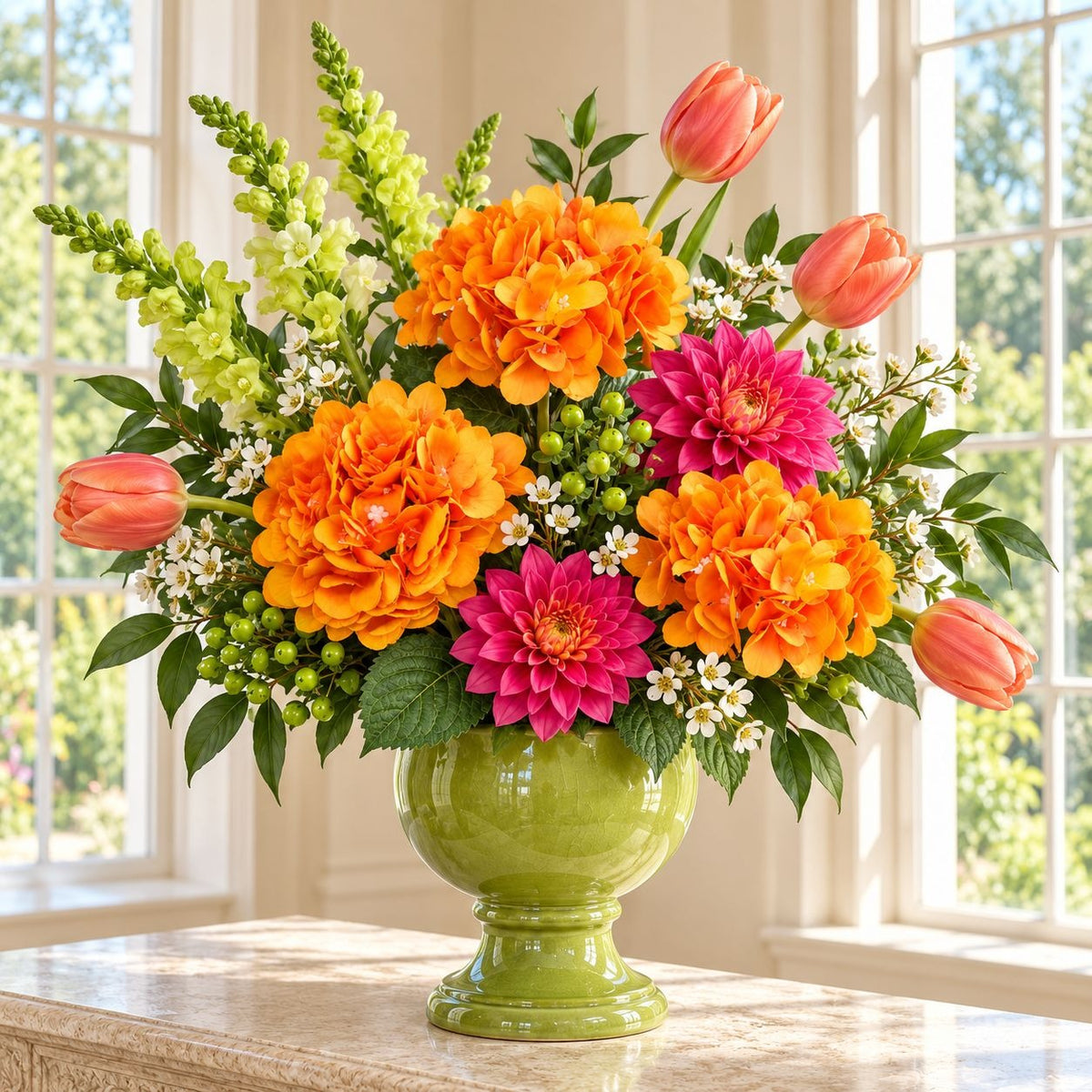 Artificial Golden-Orange Hydrangea Stems, 3 Faux Flowers, 26 Inches Tall