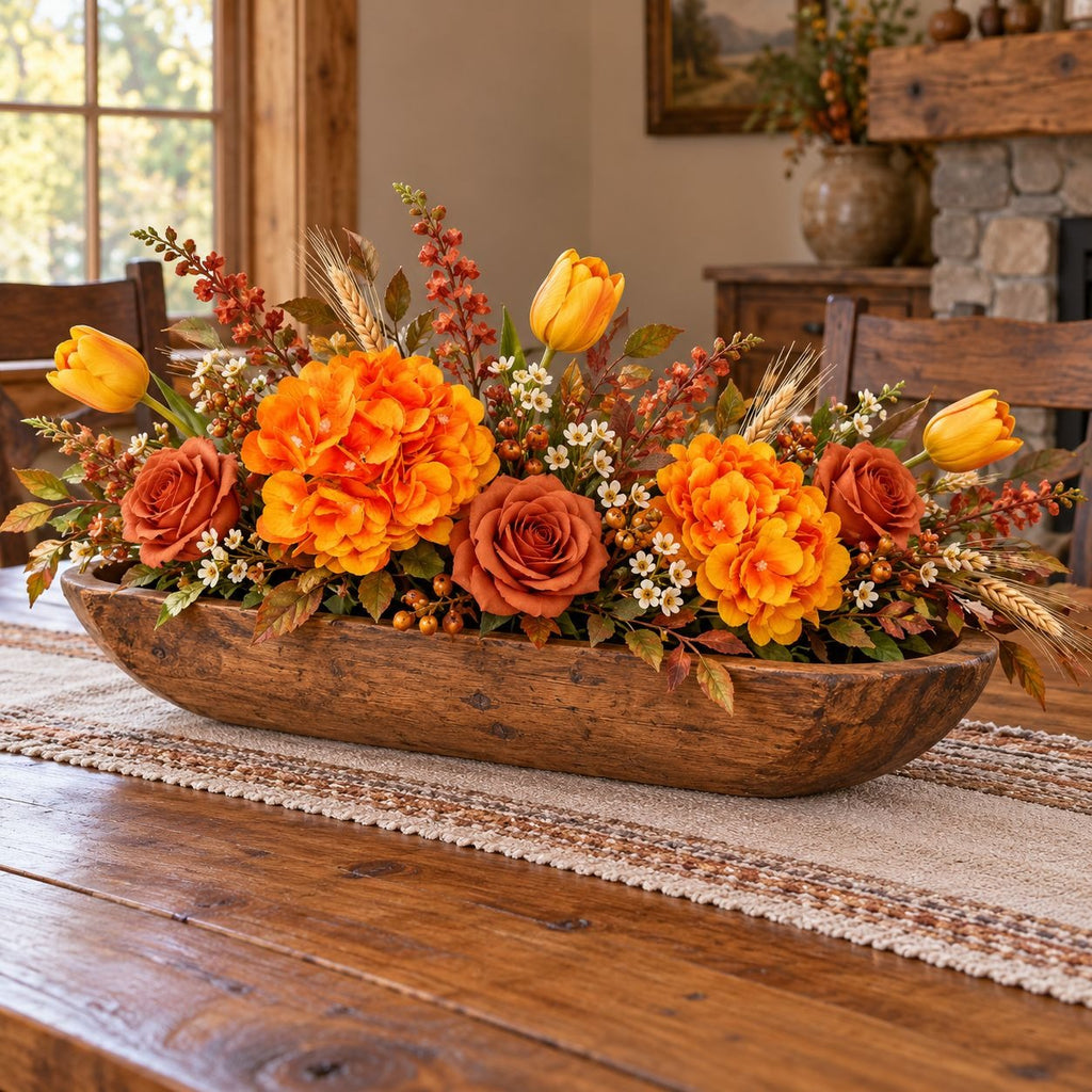 Artificial Golden-Orange Hydrangea Stems, 3 Faux Flowers, 26 Inches Tall