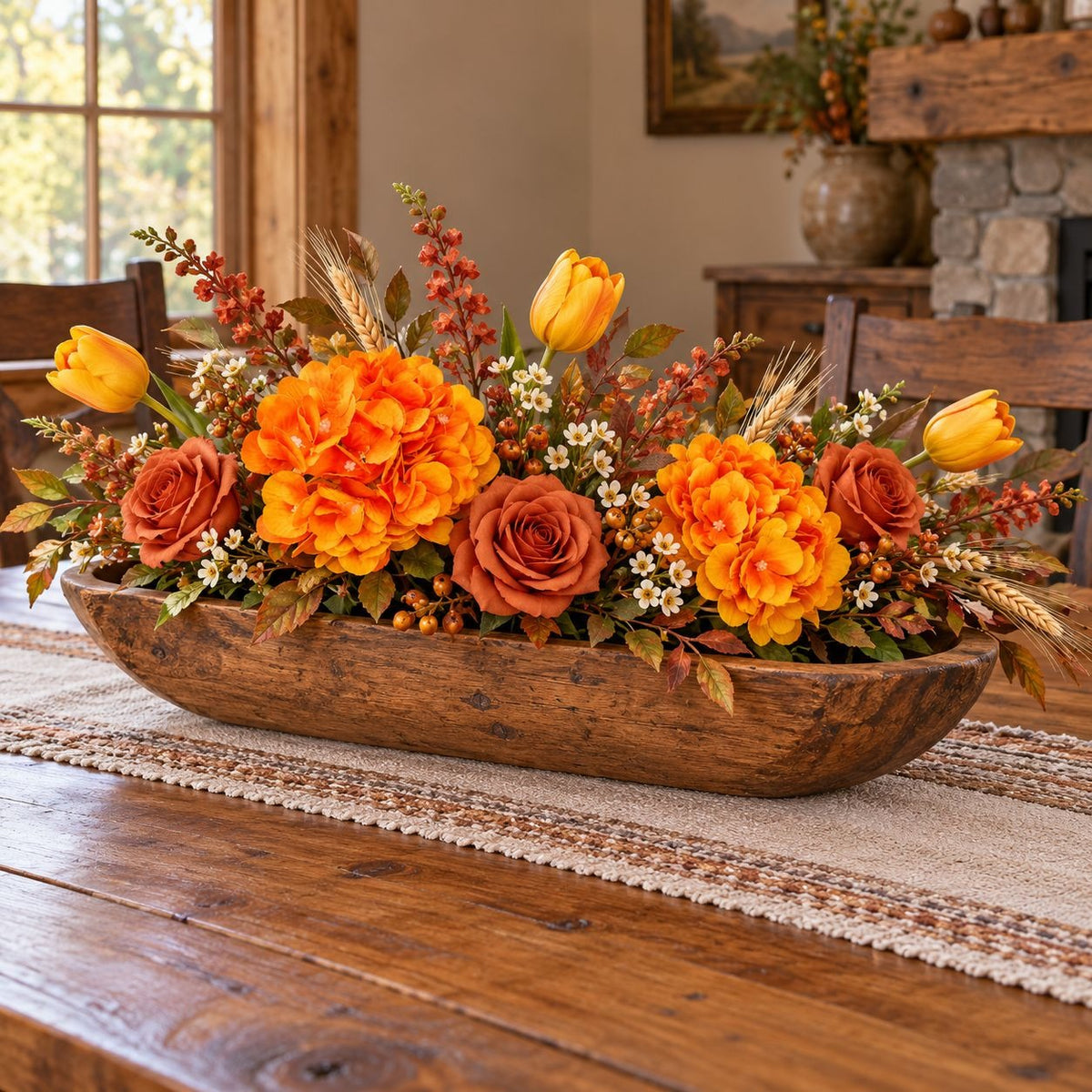 Artificial Golden-Orange Hydrangea Stems, 3 Faux Flowers, 26 Inches Tall