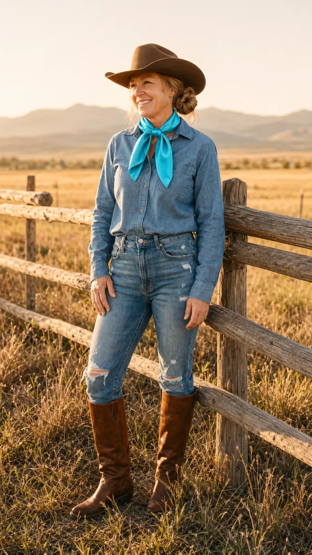 Turquoise blue wild rag scarf worn by model in western lifestyle setting