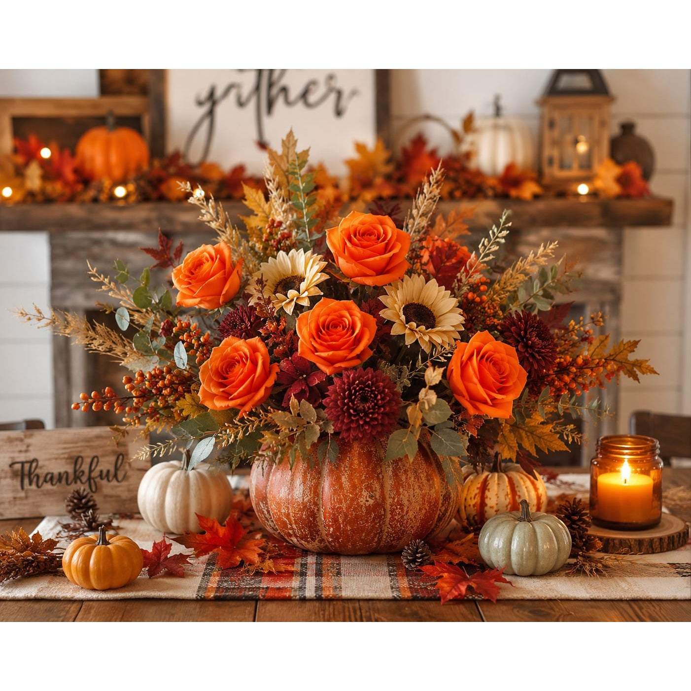 Autumn-themed centerpiece with pumpkins, flowers, and candles on a table.