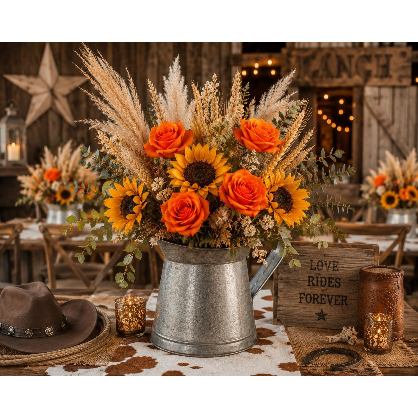 Decorative floral arrangement in a metal pitcher with sunflowers and orange roses on a rustic setting.