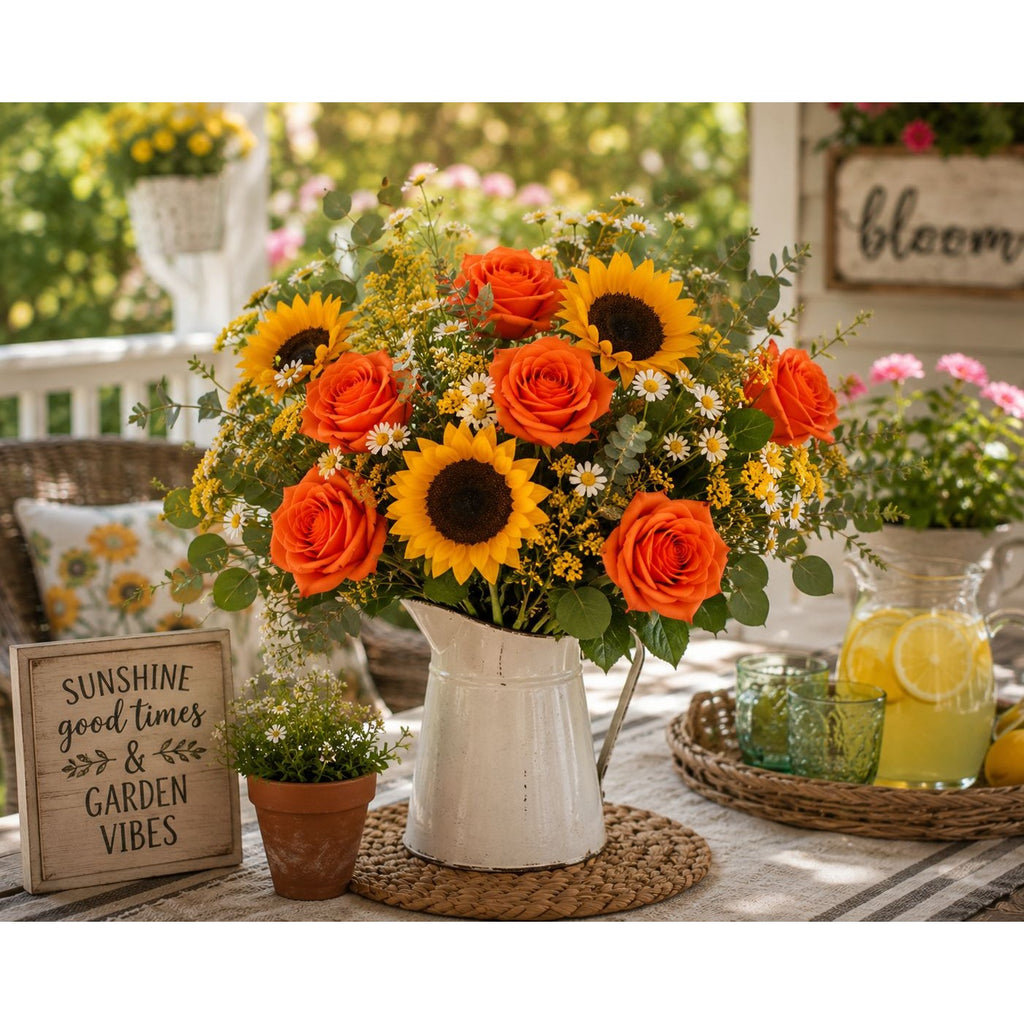 Bouquet of sunflowers and orange roses in a white pitcher on a table with 'Sunshine good times & Garden Vibes' sign.