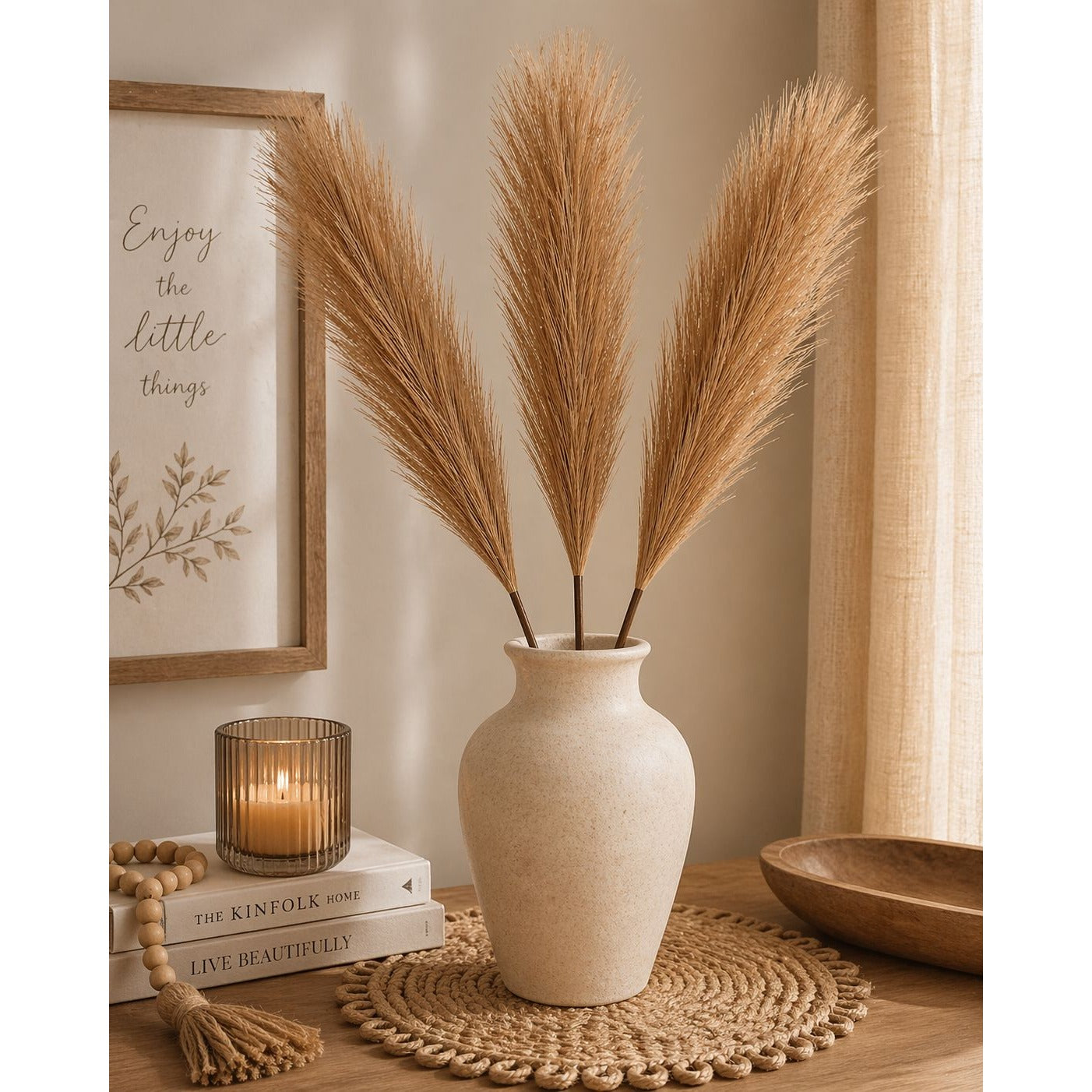 Caramel Tan Pampas Grass 3 Stem Faux Pampas Boho Decor Warm Brown Vase Filler Farmhouse Floral Stems Neutral Home Decor