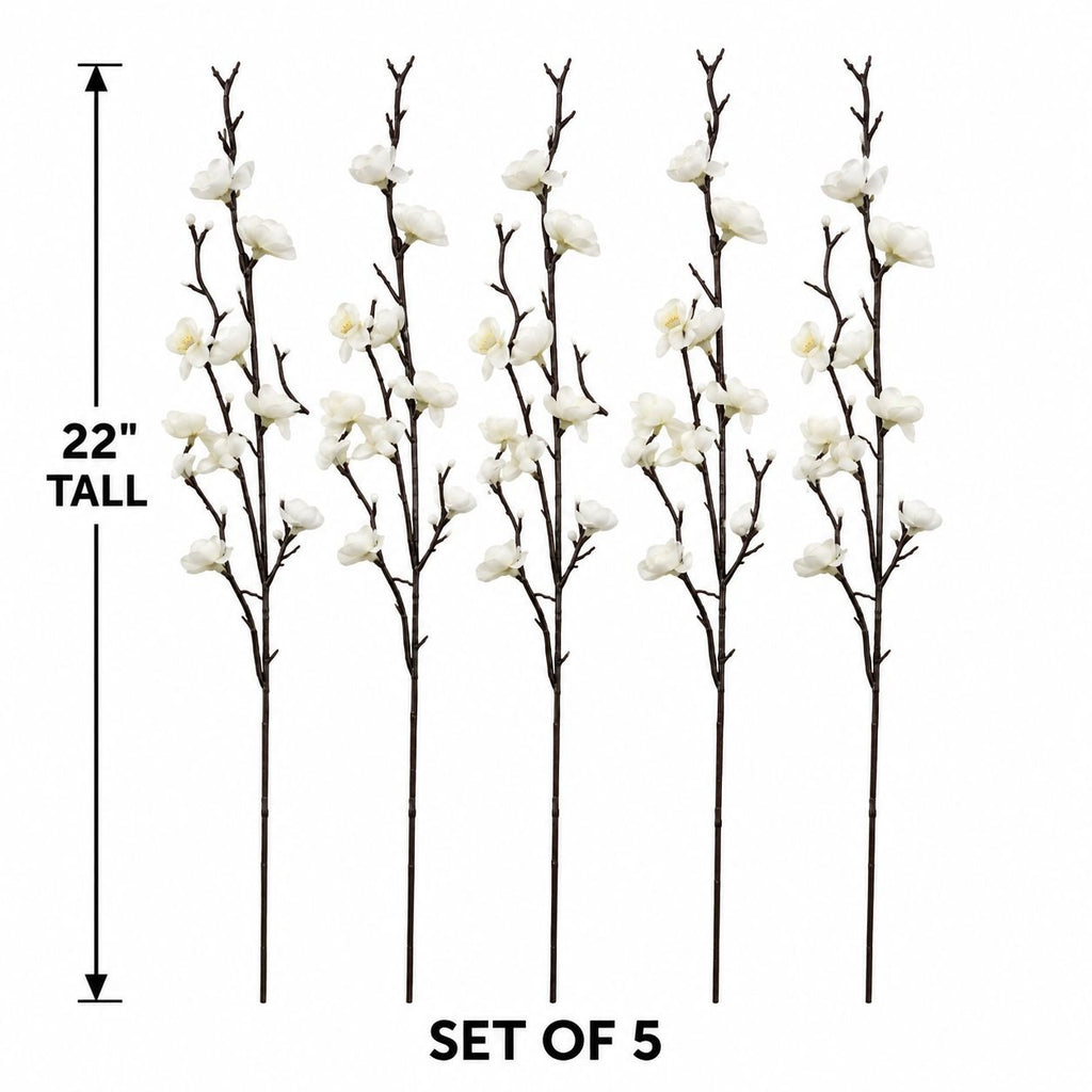 5 White Artificial Cherry Blossom Stems, 22-Inch Faux Branches