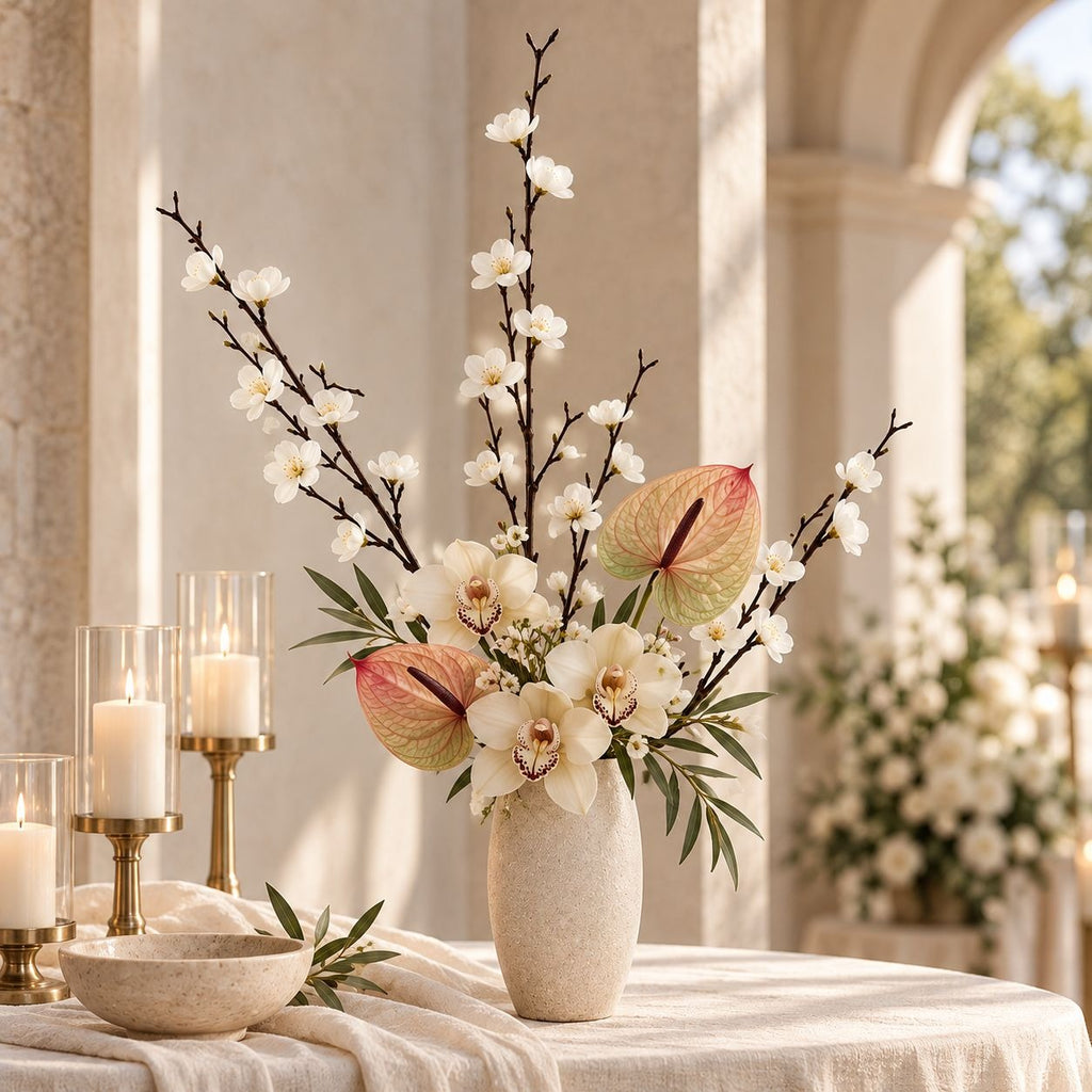 5 White Artificial Cherry Blossom Stems, 22-Inch Faux Branches