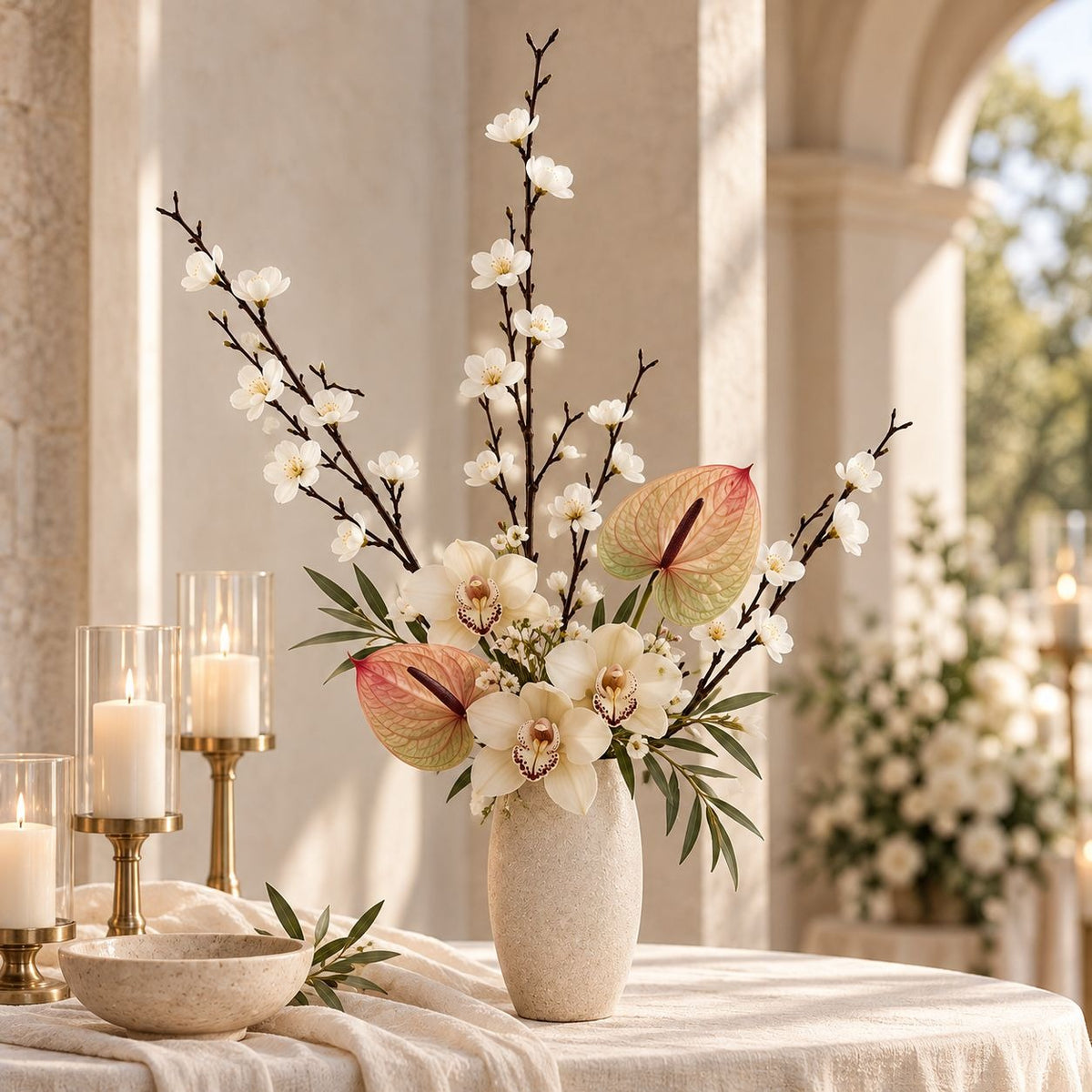 5 White Artificial Cherry Blossom Stems, 22-Inch Faux Branches