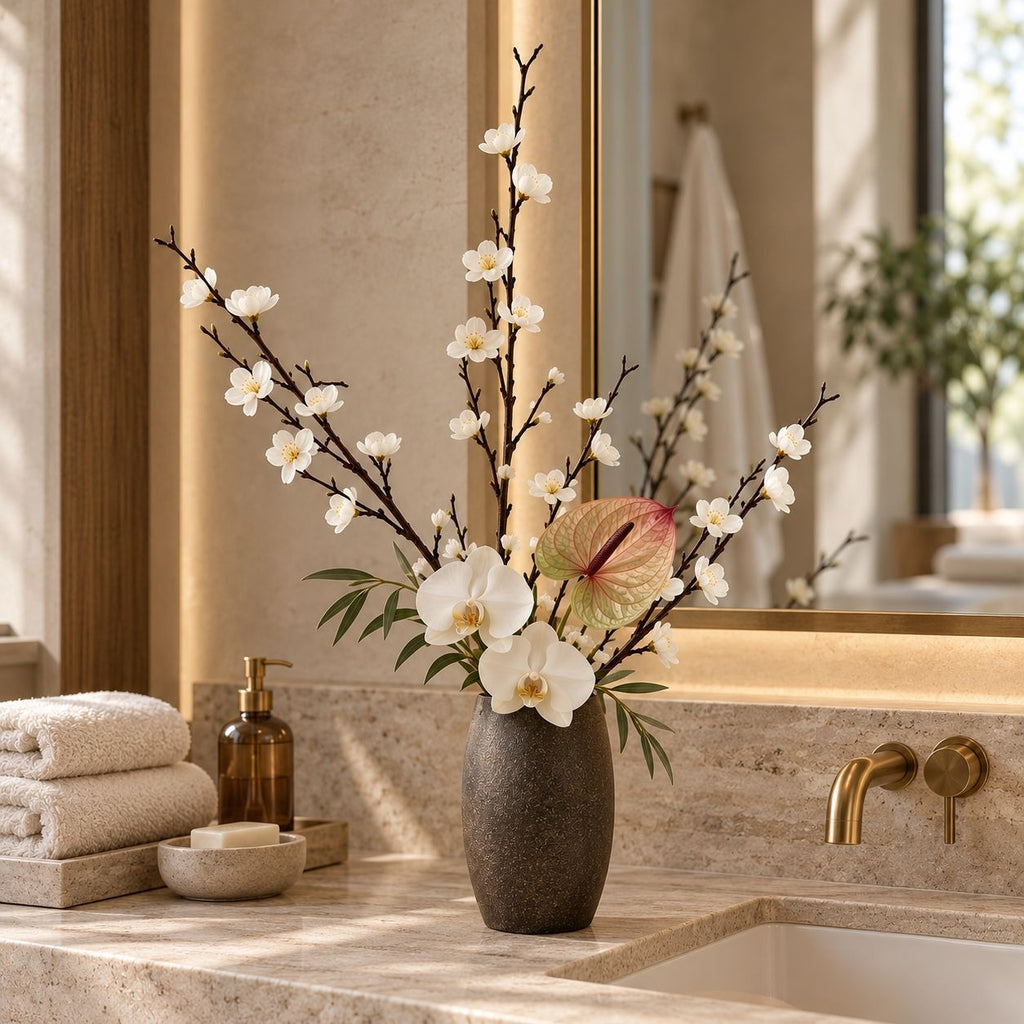 5 White Artificial Cherry Blossom Stems, 22-Inch Faux Branches