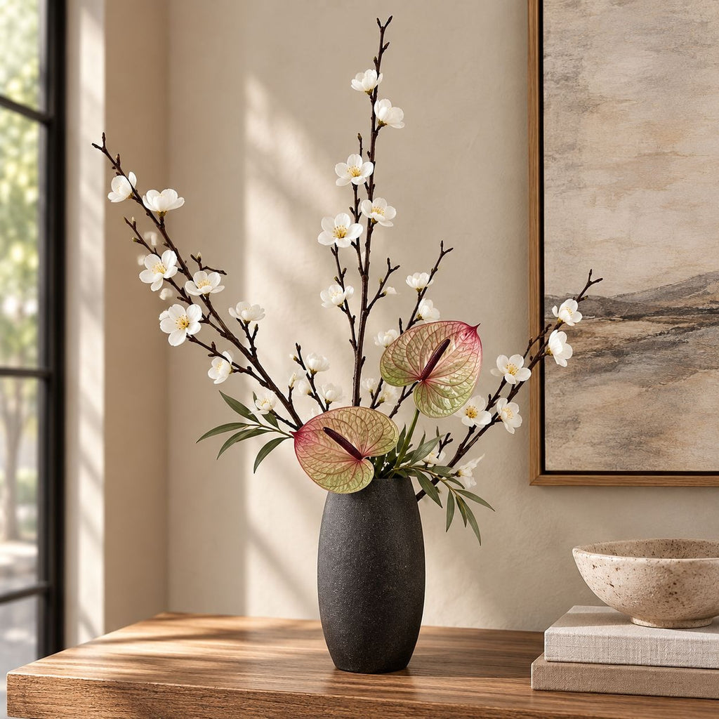5 White Artificial Cherry Blossom Stems, 22-Inch Faux Branches