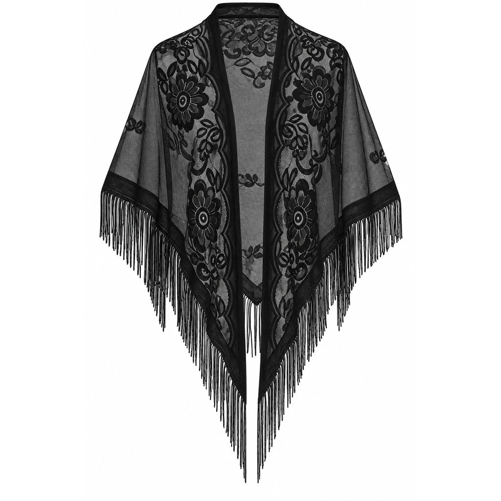 Black Floral Lace Triangle Shawl Fringe Sheer Evening Wedding Formal Wrap