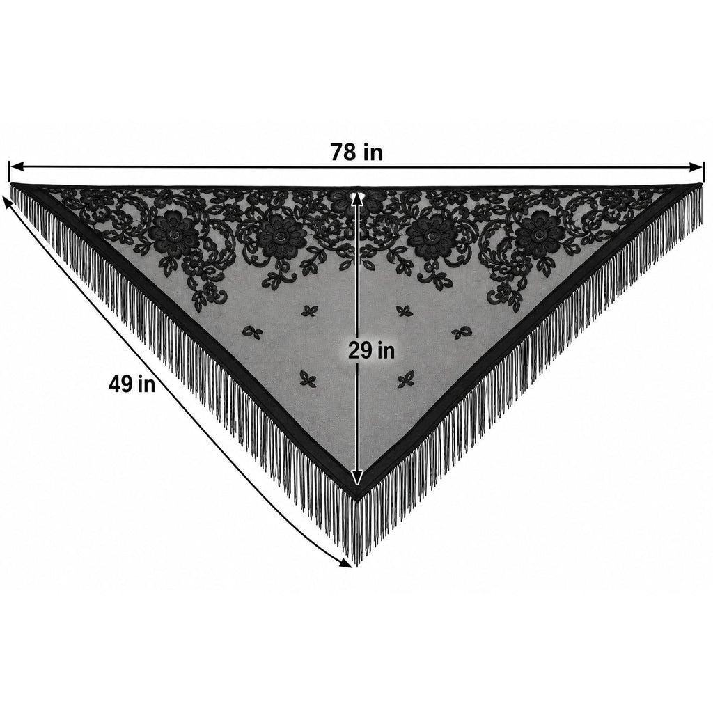 Black lace triangular shawl with fringe, shown with dimension labels: 78 in across the top, 49 in along one side, and 29 in from the top edge to the pointed bottom.
