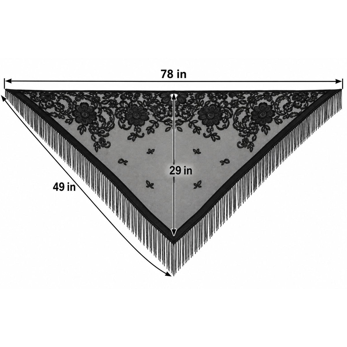 Black lace triangular shawl with fringe, shown with dimension labels: 78 in across the top, 49 in along one side, and 29 in from the top edge to the pointed bottom.