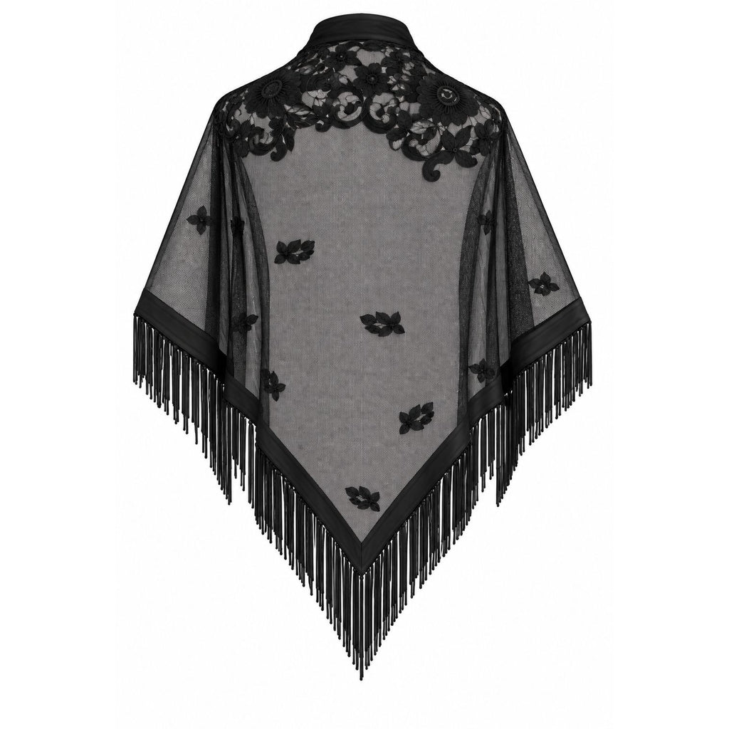 A black and gray sheer lace shawl with floral lace detailing on the shoulders and a long fringe along the pointed hem, shown against a plain white background.