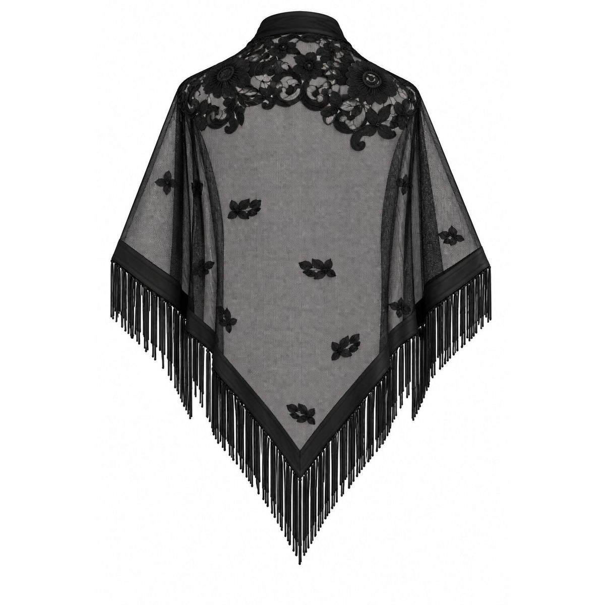 A black and gray sheer lace shawl with floral lace detailing on the shoulders and a long fringe along the pointed hem, shown against a plain white background.