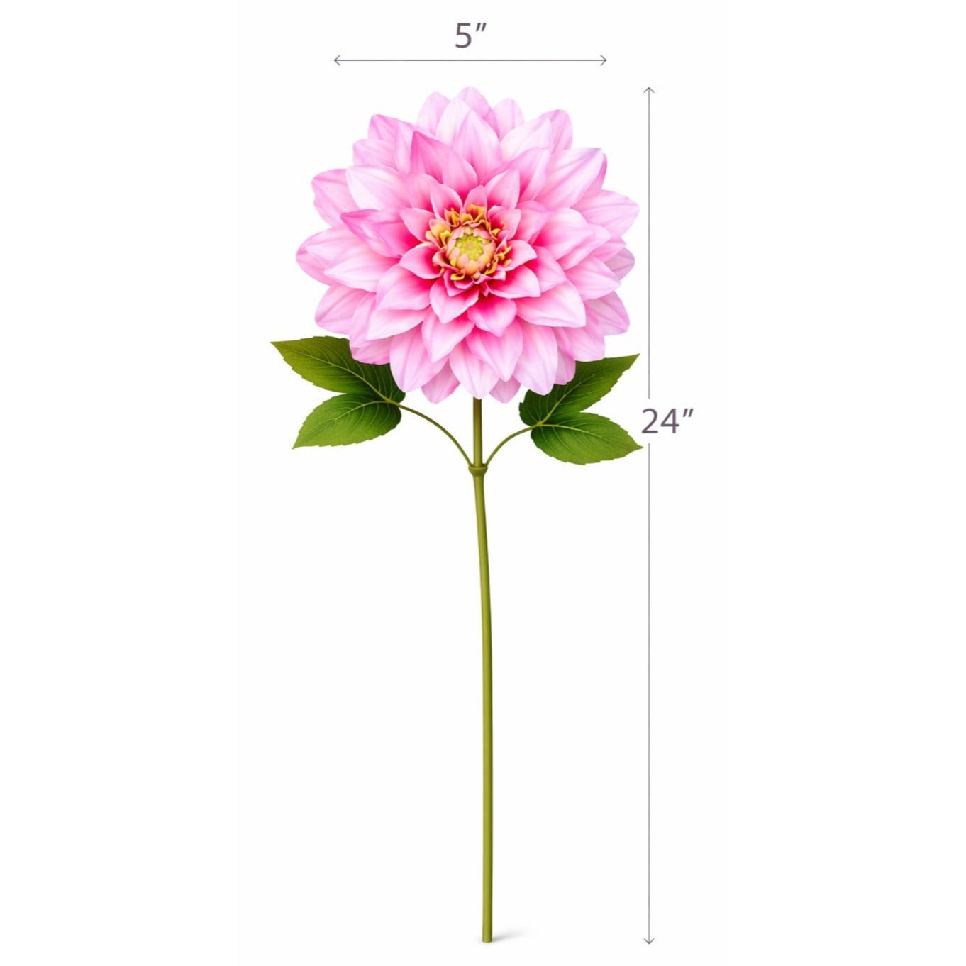 Pink artificial flower with measurements on a white background