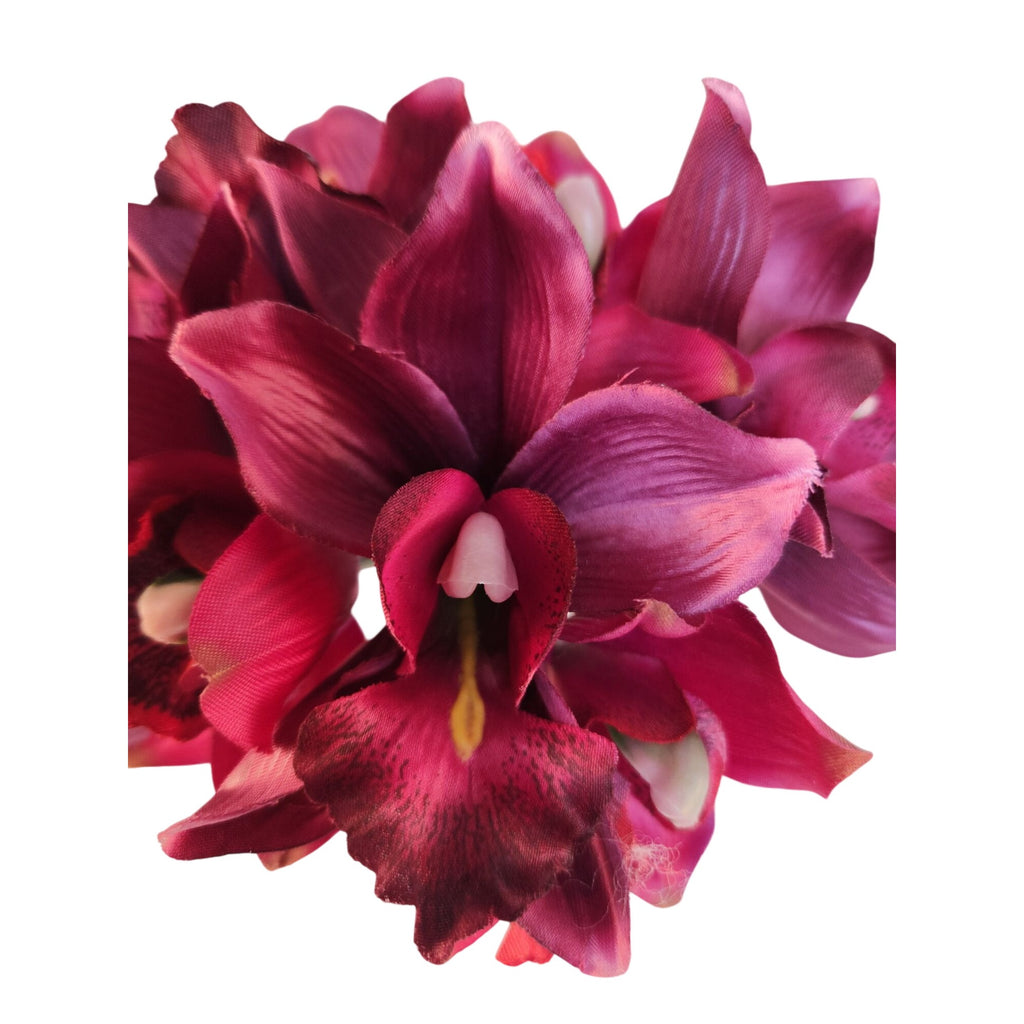 Artificial Cymbidium Orchid Stems Mulberry Pink Faux Orchid Bouquet Realistic Floral Arrangement 7 Stem Bunch
