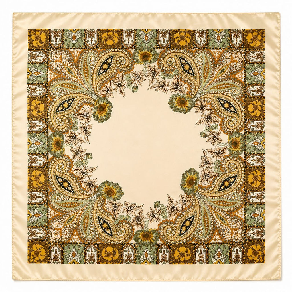 Luxury Paisley Floral Satin Scarf for Women – 35” Square Cream Gold Sage Green Polyester Satin Scarf, Elegant Boho Designer-Inspired Headsca