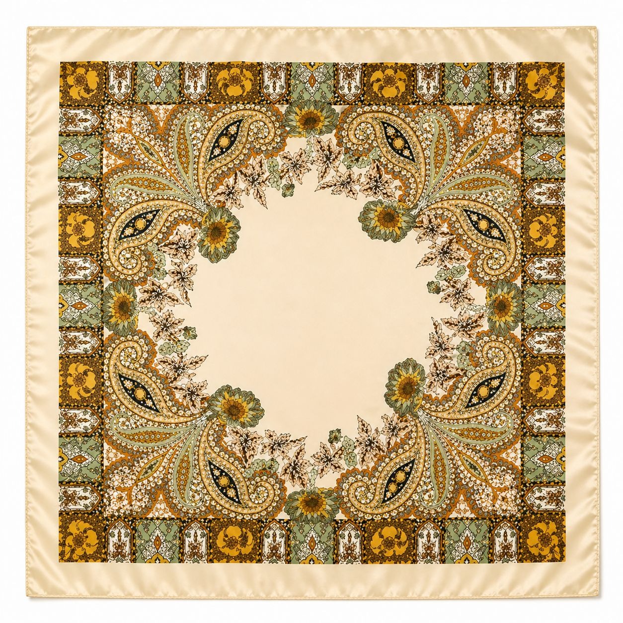 Luxury Paisley Floral Satin Scarf for Women – 35” Square Cream Gold Sage Green Polyester Satin Scarf, Elegant Boho Designer-Inspired Headsca