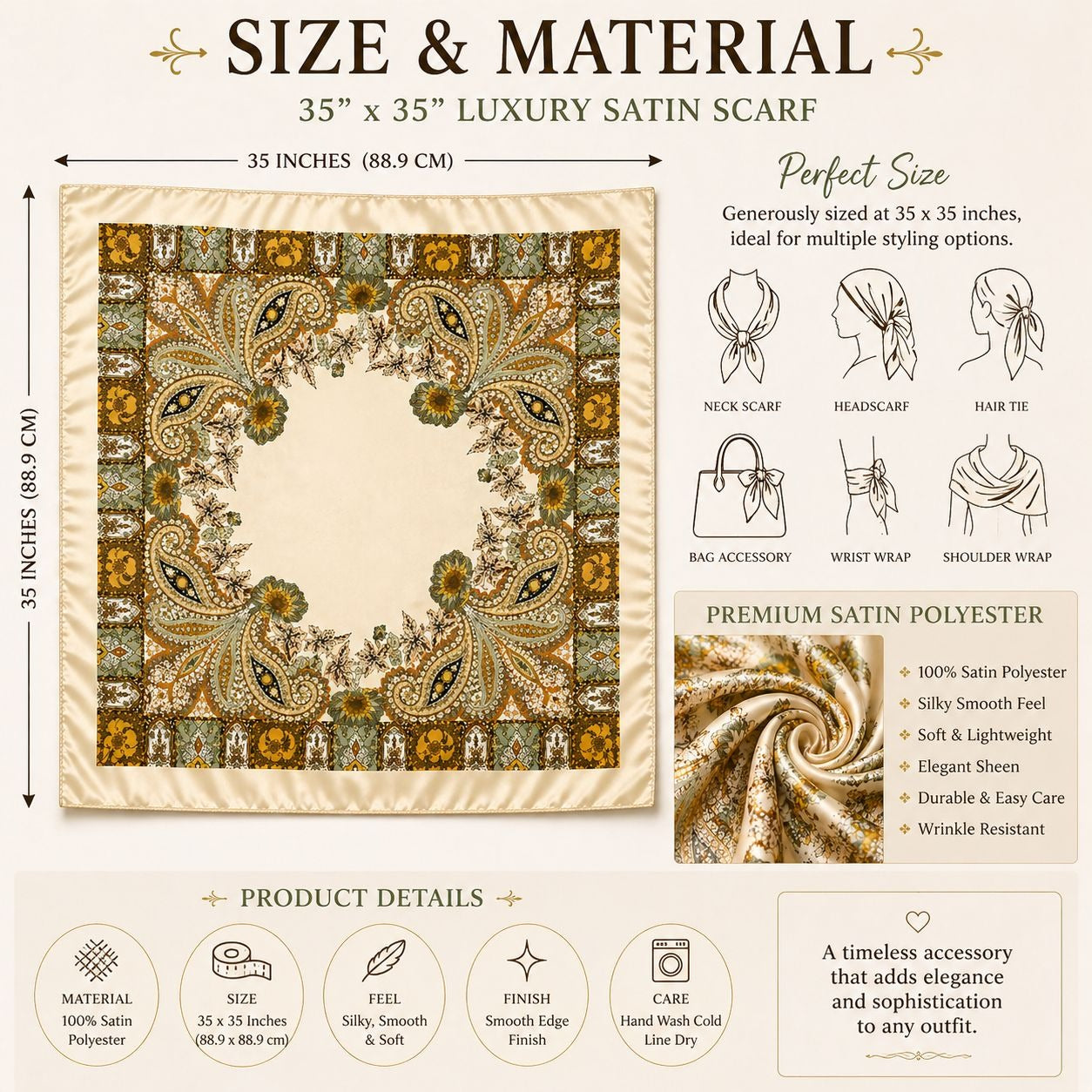 Size and Material for 35x35 Satin Scarf