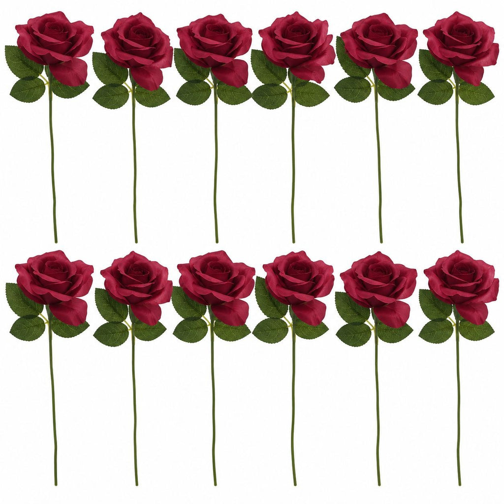 Burgundy Artificial Roses Set of 12, 15 Inch Faux Silk Flower Stems, Wine Red Wedding Bouquet Christmas Centerpiece