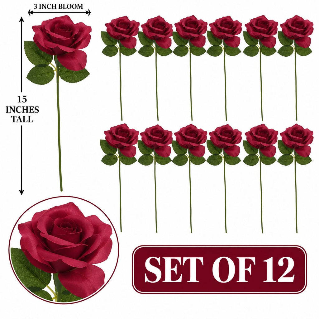 Set of 12 artificial red rose stems with green leaves and stems, shown on a white background with dimension labels indicating 15 inches tall and 3 inch bloom, plus a circular close-up of a single rose and a 'SET OF 12' label.