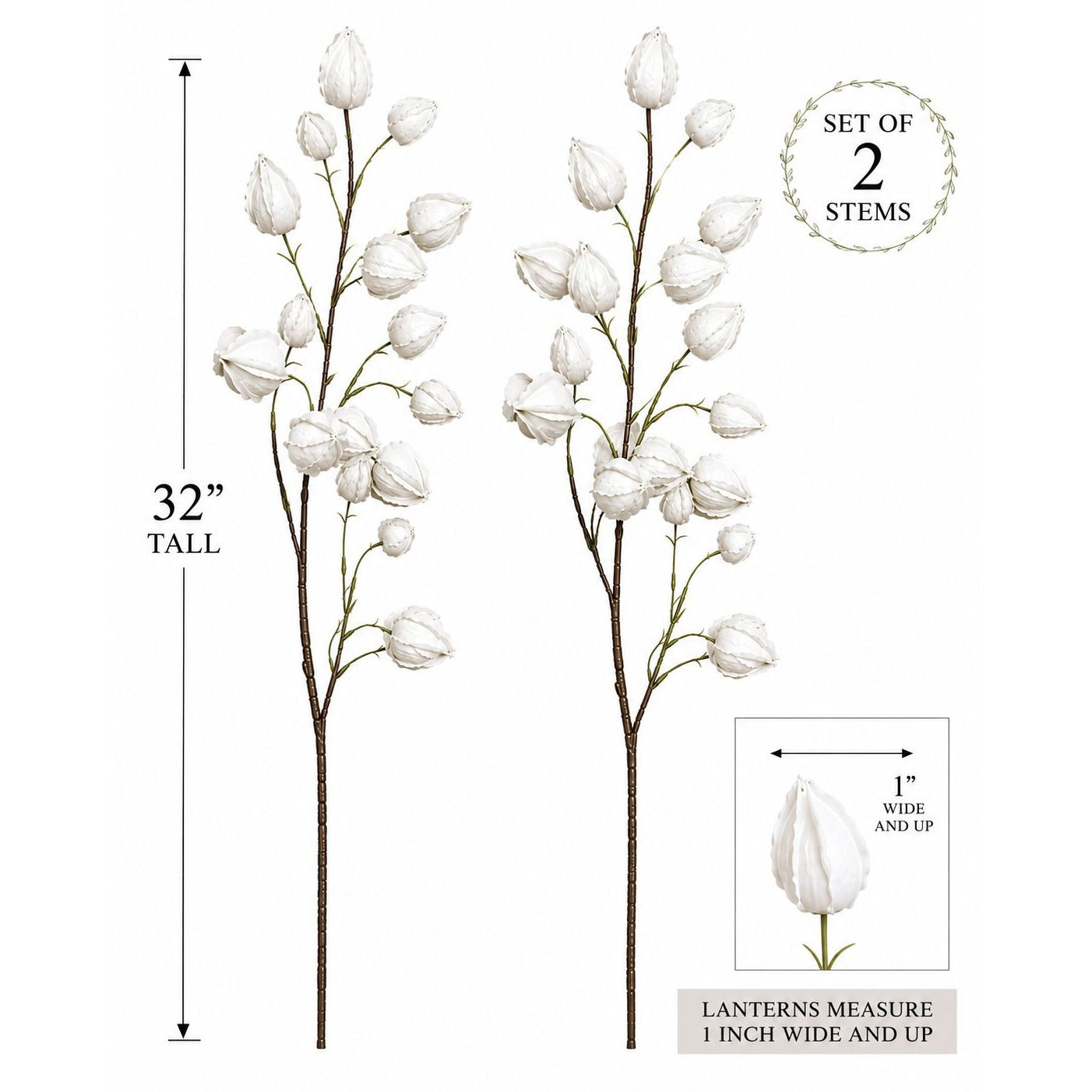 Two artificial flower stems with measurements on a white background